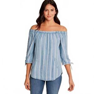 Billy T Striped Off-the-Shoulder Slit Sleeve Button Back Blouse Women’s XS Blue